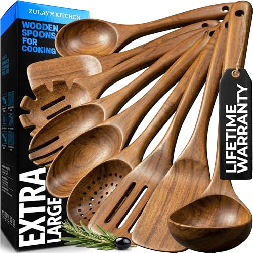 Zulay Kitchen 9-Piece Teak Wood Cooking Utensil Set – Non-Toxic & Non-Stick...