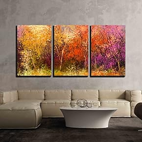 3 Piece Canvas Wall Art - Oil Painting Landscape - Colorful Autumn Trees. - Modern Home Art Stretched and Framed Ready to Hang - 16"x24"x3 Panels