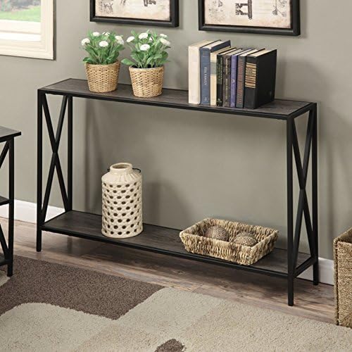 Narrow Console Table- Entry Tables for Hallways- Gray Wood Black Metal Cross Frame with Bottom Shelf - Designed for Your Small Living Space