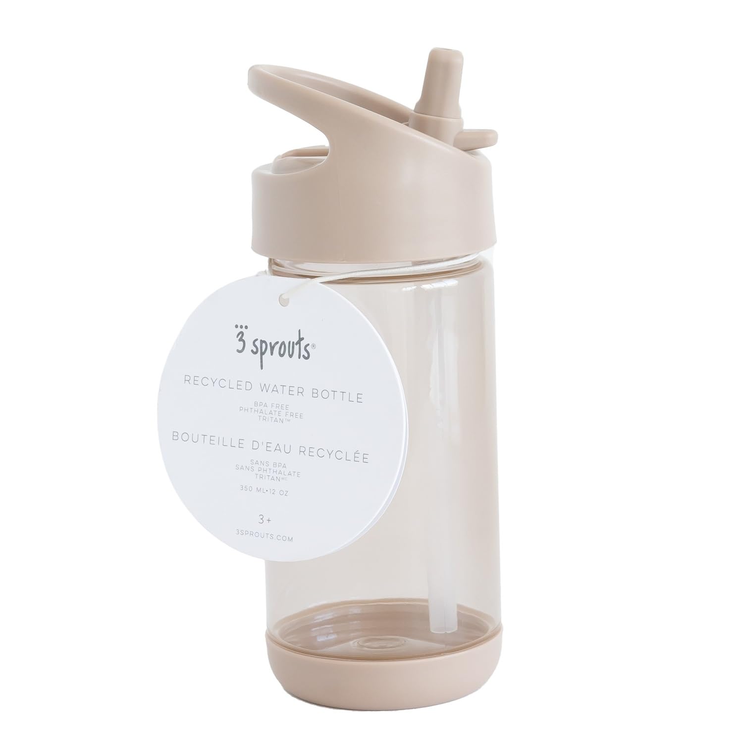 3 Sprouts Recycled Plastic Kids Water Bottle, Eco-Friendly Water Bottles for Kids with Straw, Leak-Proof, BPA Free, Lightweight Water Bottle for School, Sports, Modern Designs for Boys & Girls, Taupe
