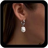 TseanYi Silver Baroque Pearl Hoop Earrings Vintage Irregular Pearl Dangle Earrings Chunky Pearls Drop Earring Wedding Bridal Statement Earring Jewelry for Women