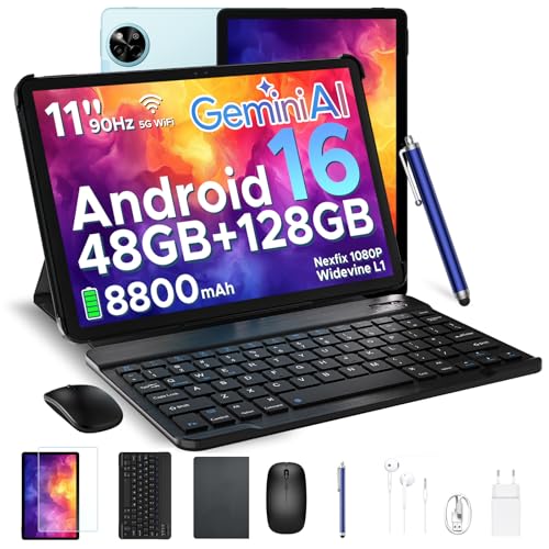 P11 Tablette 11 Pouces, Gemini AI Tablette Android 16, 48Go RAM+128Go ROM (2To TF), 120Hz, T7250 Octa-Core, 8800mAh, 13MP+5MP, Widevine L1, Face ID, GPS, FM, Tablettes avec Clavier et Stylet