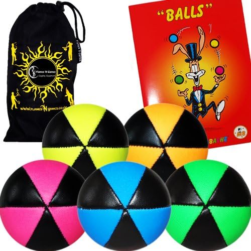 Flames N Games Astrix UV Thud Juggling Balls Set of 5. Pro 6 Panel Leather Juggling Ball Set + Ball Juggling Booklet of Tricks & Travel Bag! (Mix of Colours)
