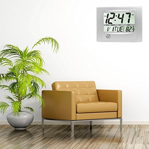 HeQiao Digital Wall Clock Decorative Silent Desk Shelf Clock Easy to Read Large LCD Calendar Temperature Battery Alarm Clock for Seniors Elderly Home Office (12 Inch, 2 Alarms) (Luxury Silver) - Thumbnail 4