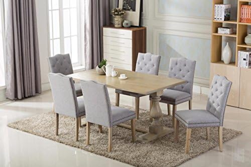 Antique 7-piece Dining Set with two pedestal Legs table and Six Studded Buttoned (Tufted) Light Gray/Grey Chairs