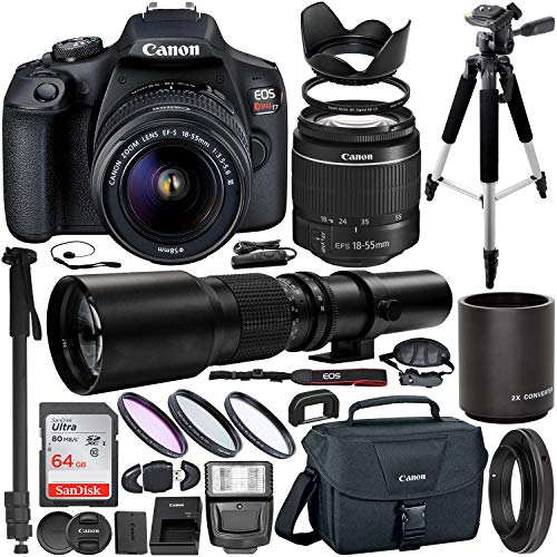 Canon EOS Rebel T7 DSLR Camera with EF-S 18-55mm III Lens, 500mm Preset Lens with 2x Teleconverter (1000mm) & Professional Accessory Bundle – Includes: SanDisk Ultra 64GB SDHC Memory Card & MUCH MORE