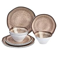 Amazon Basics 12-Piece Melamine Dinnerware Set - Service for 4, Grey Glaze with Rustic Edge