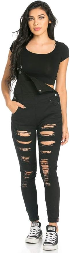 black ripped jean overalls