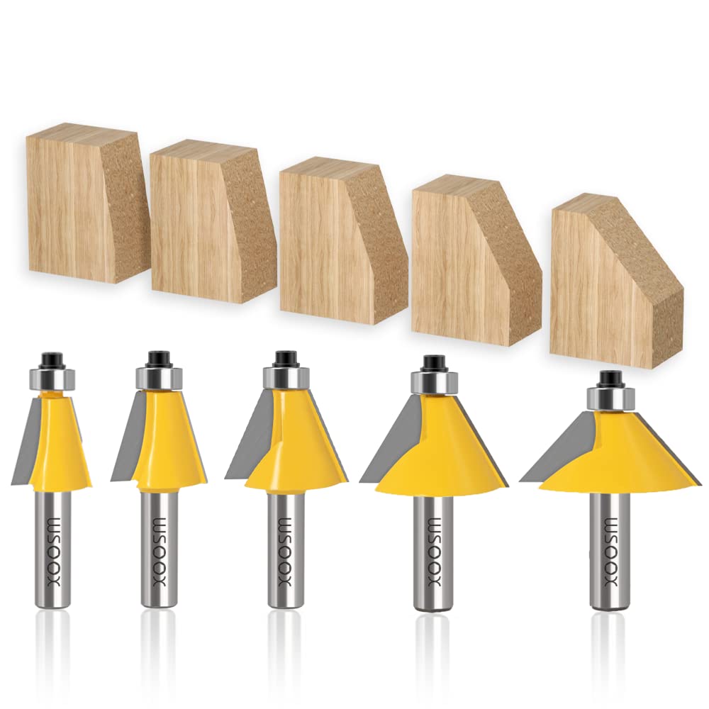 WSOOX 5PCS Chamfer Router Bit Set 1/2" Shank Edge Forming Cutter with Bearing Guided Bevel Edging Router Bit (11.25°,15°,22.5°,30°,45°.) (1/2 shank) — image 1