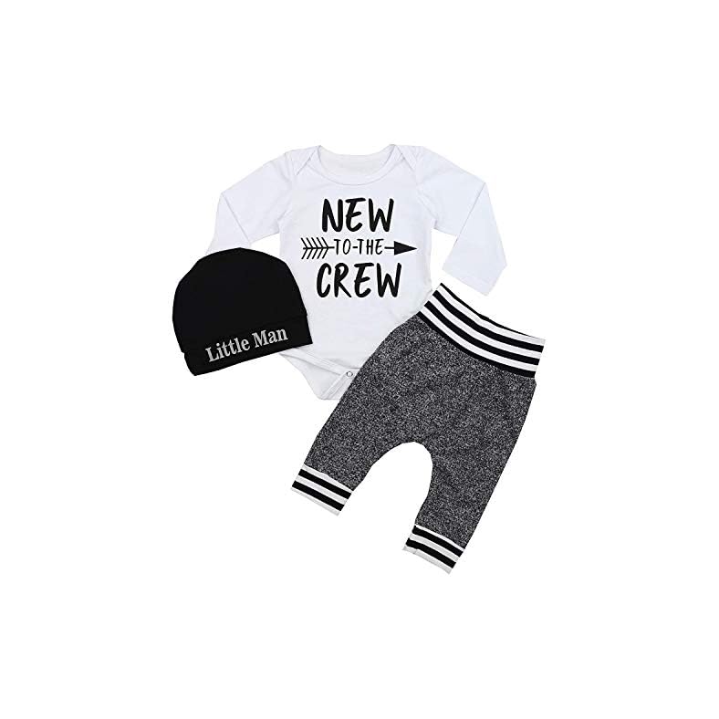 Fommy Newborn Baby Boy Clothes New to The Crew Letter Print Romper+ Pants+Hat 3PCS Outfit