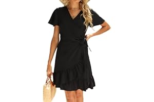 Naggoo Women's Summer Wrap V Neck Polka Dot Print Ruffle Short Sleeve Mini Floral Dress with Belt