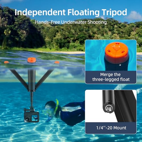 Floating Handgrip Selfie Stick Tripod Waterproof Extendable Selfie Monopod for Go Pro Hero 13 12 11 10 9 8 7 6 5 4 3, 3+ DJI Action 5 Pro Action 4/3 Insta360 Action Cameras