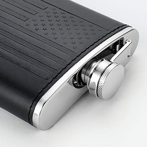 YFS Whiskey Flask With American Flag for Liquor and Funnel, 8 Oz Leak Proof Stainless Steel Pocket Hip Flask with Soft Touch Leather Cover, Black Flask for Men