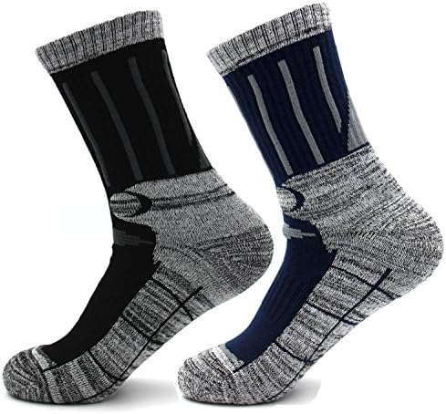 LILUO Men's 2 Pairs Performance Outdoor Sports Hiking Trekking Crew Cotton Socks(Black +dark blue)