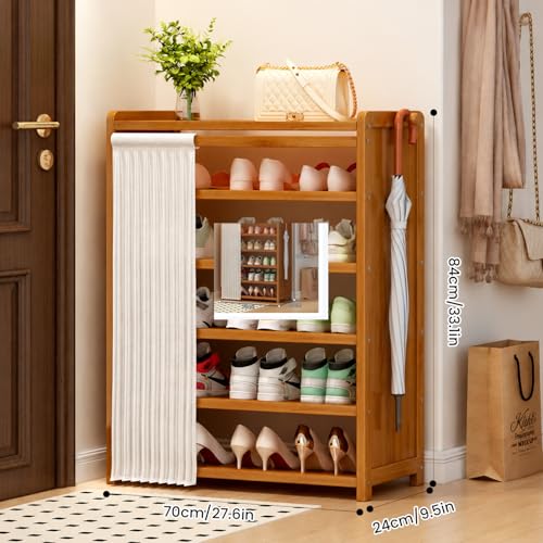 Shoe Rack Storage Cabinet Bamboo Free Standing Shoe Racks with Dustproof Curtain Storage Shelf Organizer for Entryway Hallway Bedroom (B-6 Tier)