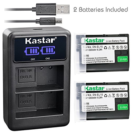 Kastar Battery (X2) & LCD Dual Charger for Nikon EN-EL15 Battery, Nikon MH-25 Charger and Nikon 1 V1 D500 D600 D610 D750 D800 D800E D810 D810A D850 D7000 D7100 D7200 D7500 Digital Cameras