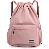HOLYLUCK Drawstring Backpack Sports Gym Bag Water Resistant String Bag Cinch Sackpack with Side Zipper Pocket for Shopping Sport Yoga -pink
