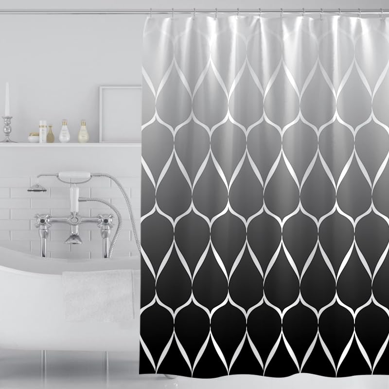 Stylishbed White and Black Shower Curtain Grey Waterproof for Wet Room,180 x 200 cm Drop Mould Proof Shower Curtain Weights for Bathroom, Polyester Bath Shower Curtains Washable with 12 Hooks