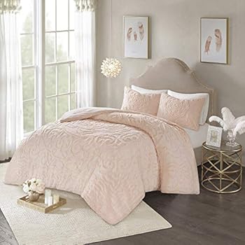 Madison Park Laetitia Comforter Reversible Cotton Chenille Flower Floral Botanical Medallion Tufted Fringe Soft Overfilled Down Alternative Hypoallergenic All Season Bedding-Set, Queen, Blush