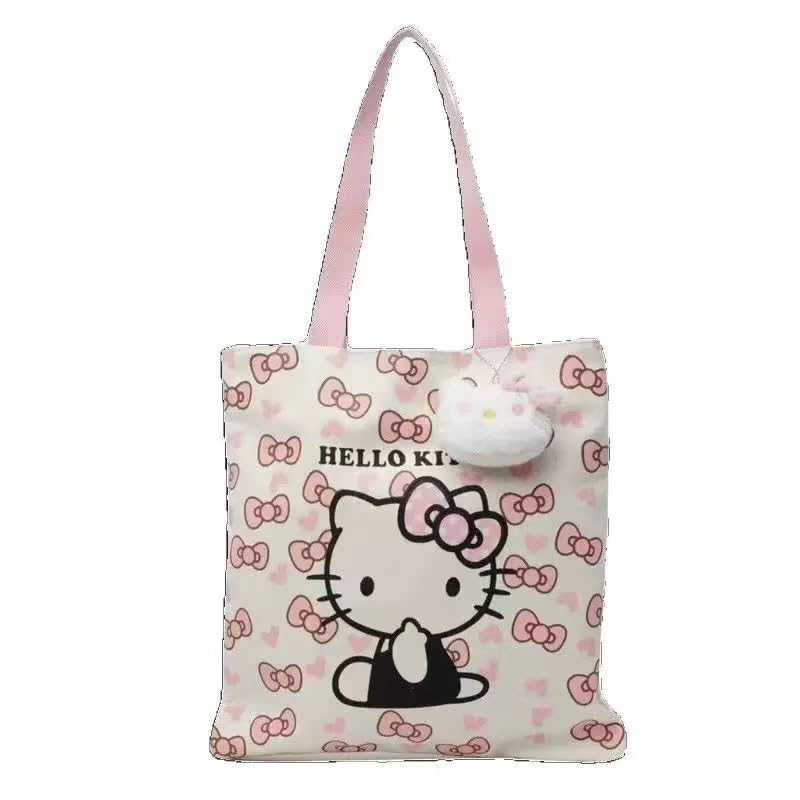 Photo 1 of CurryFerry Cute Cartoon Kitty Tote Bag – Pink and White Kawaii Style Reusable Shoulder Bag – Adorable Lightweight Canvas Tote for Women
