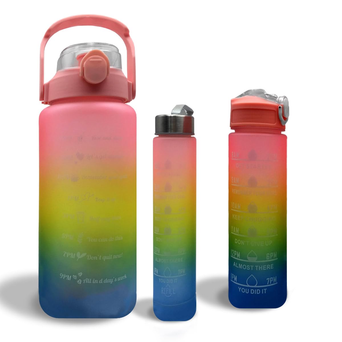 LITTLELAGOON Water Bottle 3 Pc Set with Straw 2L 300ml 900ml | Leak Proof BPA Free Motivational Drinking Bottles with Time Marker | Perfect for Sports School Office Gym Yoga Cycling for Kids Adults