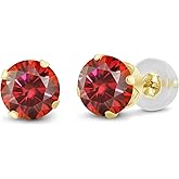 Gem Stone King 14K Yellow Gold Red Moissanite Stud Earrings For Women Men (2.00 Cttw, Round 6.5MM)