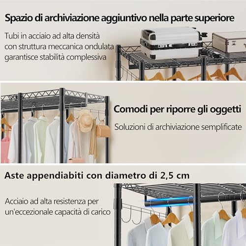 AQRA Metal Coat Stand, Adjustable Shelf Height, Large Capacity Wardrobe, 4 Assembly Methods, for Hanging Clothes, Storage, 193.5W×43.5D×195H (Black)