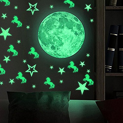 38pcs Removable Glow In the Dark Stars 26pcs & Moon Wall Stickers with 10pcs Unicorn Wall Decals Peel Stick art Decor for Walls Ceiling Kids Bedroom Living Room Nursery Girls and Boys