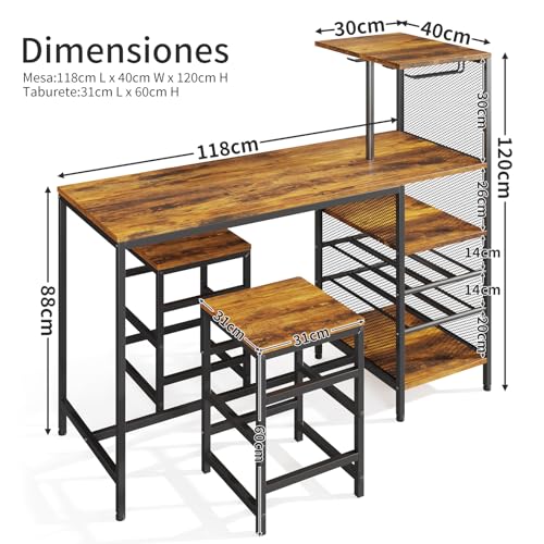SIMPLE ESPACIO Barra de Cocina,Desayunador Tiene Seis Capas de Espacio de Almacenamiento,Mesa de Bar,Comedor Viene con Dos Sillas,con Estante para Copas Vino,Adecuado para Cocina y Bar(Color Retro)