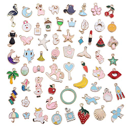 JEWMAY 60PCS Assorted Gold Plated Enamel Charm Pendant for Necklace Bracelet Jewelry Making
