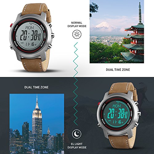 Men Digital Sports Watches with Compass Pedometer Altimeter Barometer Military Waterproof Wristwatch with Leather Band - Silver/Brown