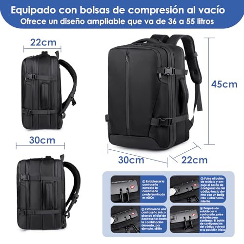 Viaje de Mochila al Vacío con Bombas Aire Eléctricas, 36-55L Expandible, Separación húmeda y seca, con Bolsa de Aire Antirrobo para Viajes