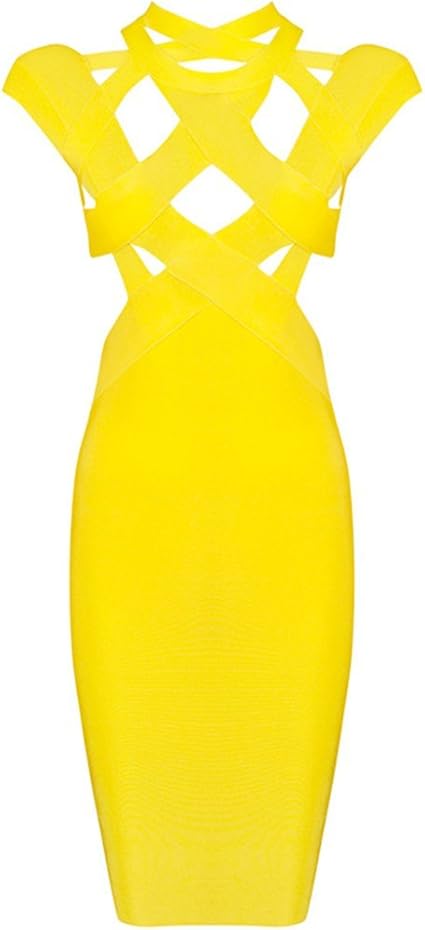 Amazon ユーオンボックス Uonbox レディース 海外セレブ タイトワンピース 穴あき ノースリーブ ひざ丈 ドレス 結婚式 お呼ばれ 披露宴 パーティー キャバ ドレス バンデージドレス イエロー L パーティードレス 通販