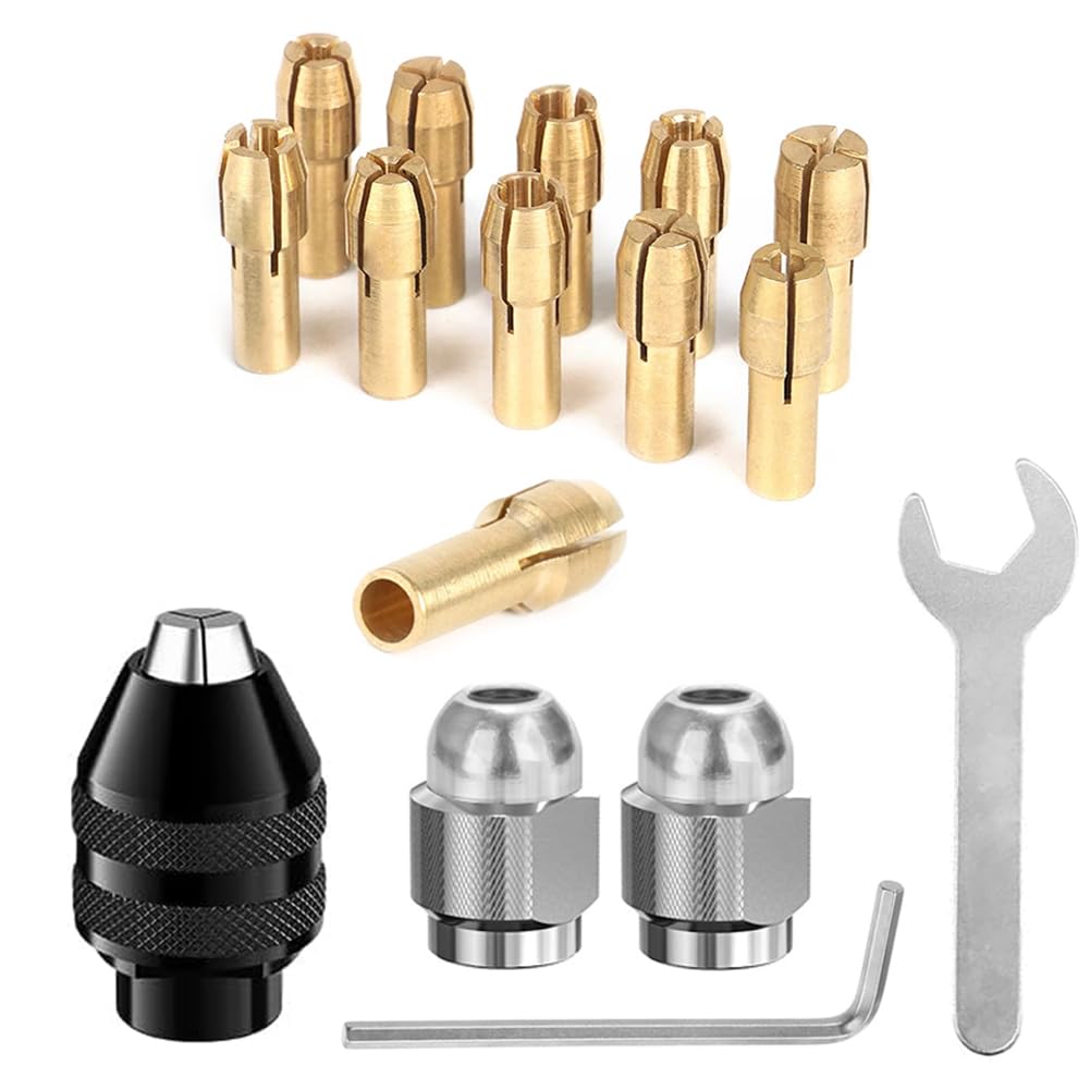 Saipor 16PCS Drill Chuck & Collet Set, Keyless Quick Change Chuck Rotary Tool with Replacement Brass Collet Nut Set (0.5-3.2mm) Compatible with Model 3000 4000 7700 8200