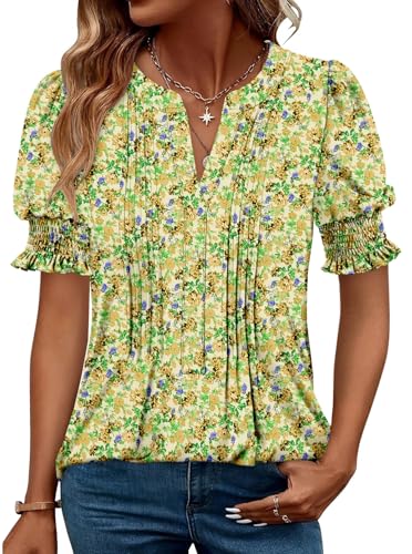 CRAZY GRID Womens V neck Puff Sleeve Blouse