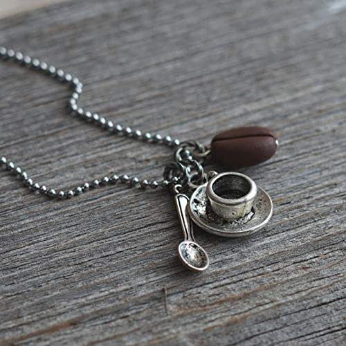 Coffee Bean Necklace with Spoon and Cup Charms Handmade