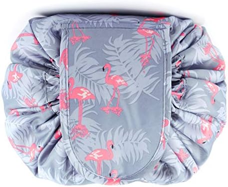 Quick Lazy Drawstring Makeup Bag Travel Cosmetic Pouch Toiletry Organizer Large for Women and Girls (Blue Flamingo)