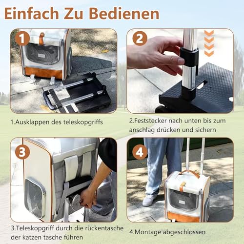 Cat Carrier Backpack, 3-in-1 with Wheels, Detachable Pet Backpack, with Sun Protection Roller Blinds, Ventilated Design, Multi Function Pet Rolling Carrier, for Dogs Cats Under 10kg or 22Lb (Beige)