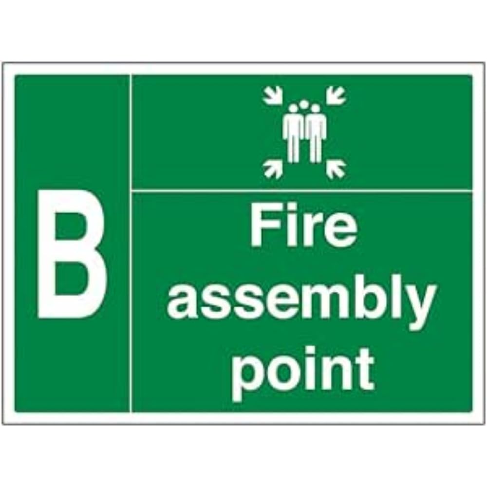 V Safety Fire Assembly Point w/Family - B - 800x600mm 2mm Rigid Plastic Safety Sign