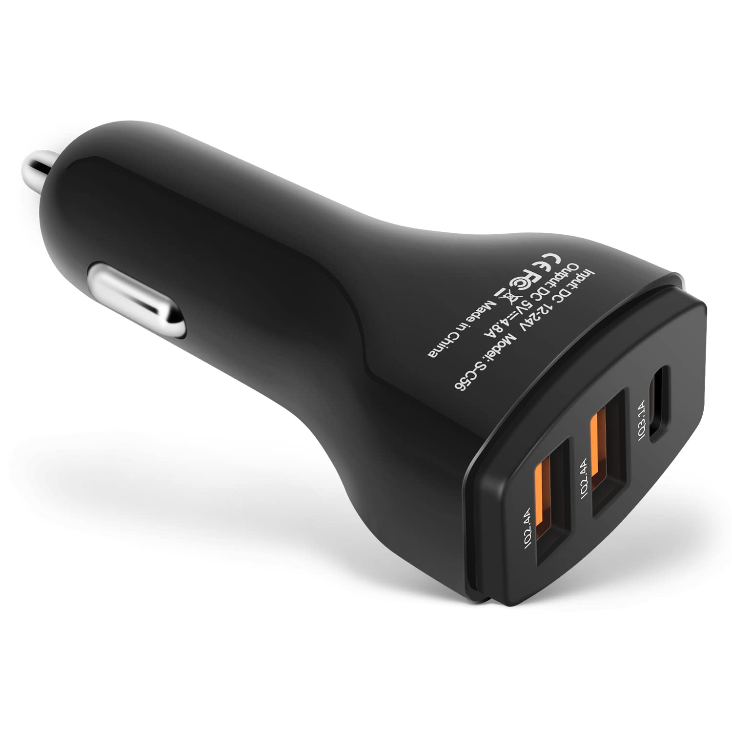 Car Charger with Smart IC, Quick Charge Dual USB Port/Type-C, Adaptive Charging Technology for Smart Device - Black