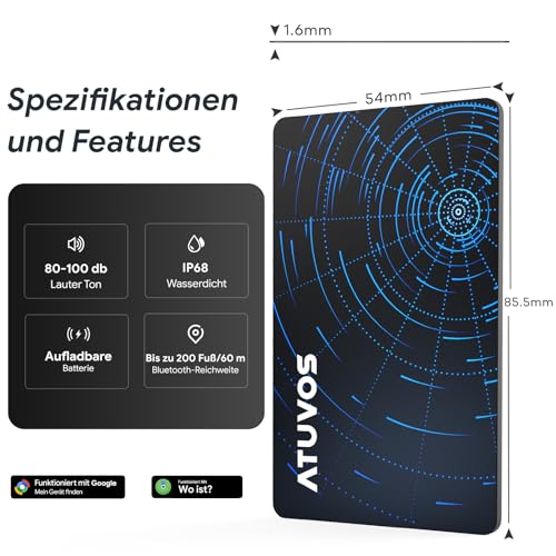 ATUVOS New Dual System Air Tag Card Pro for Android & iOS, Rechargeable Wallet Tracker Card Compatible with Google Find My Device or Apple Where? App, Item Finder, Thin 1.6 mm, Pack of 2
