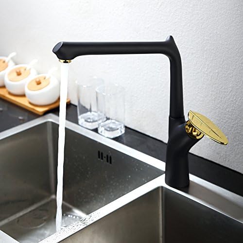 QLINGO Modern Brass Single Handle Kitchen Sink Faucet Mixer Tap + Supply Hose and Faucet Adapter for both 3/8" and 1/2" Connection Size, Black &amp; Golden