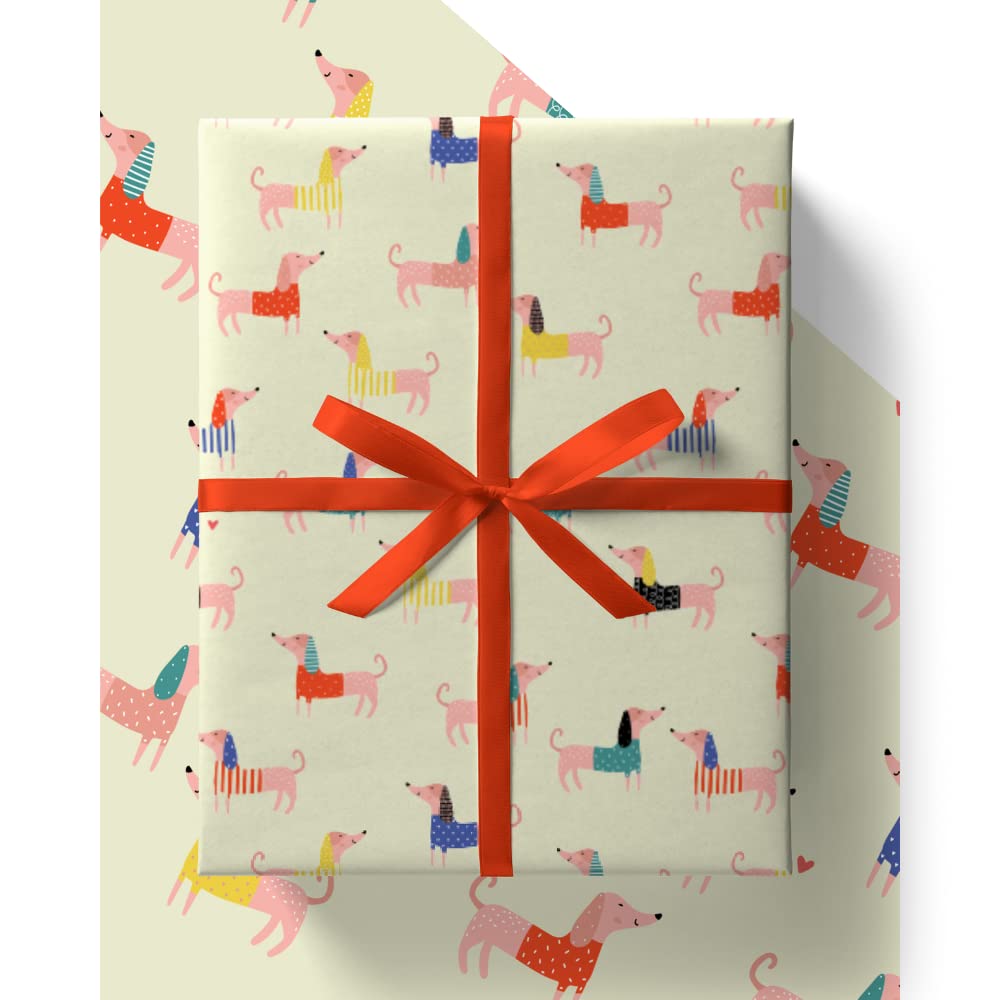 4 x Sausage Dog Wrapping Paper - HUGE 43% BIGGER [84cm x 60cm] Eco Friendly Premium Recyclable Dachshund Gift Wrap in Plastic Free Packaging (4 Sheets & 4 Tags)