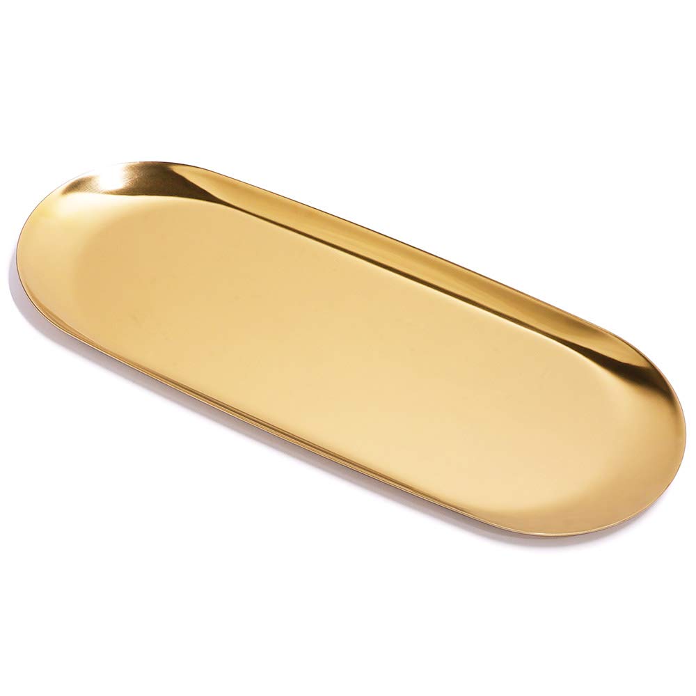 ANZOME Narrow Gold Vanity Tray, Oval Stainless Steel Perfume Organizer and Cosmetic Display Dish, Easy Clean Kitchen Oil Bottle Storage Plate for Countertop and Bathroom Ledges