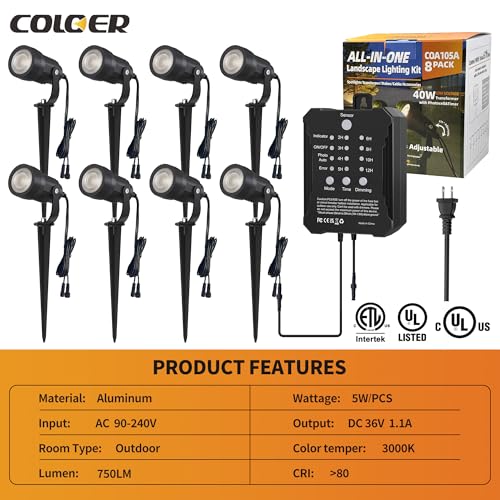 COLOER All-in-One Low Voltage Landscape Lighting Kit, 8 Pack 5W Die-cast Aluminum Landscape Lights with Transformer and Connectors, IP65 Waterproof Outdoor Spot Lights for Pathway Yard Garde