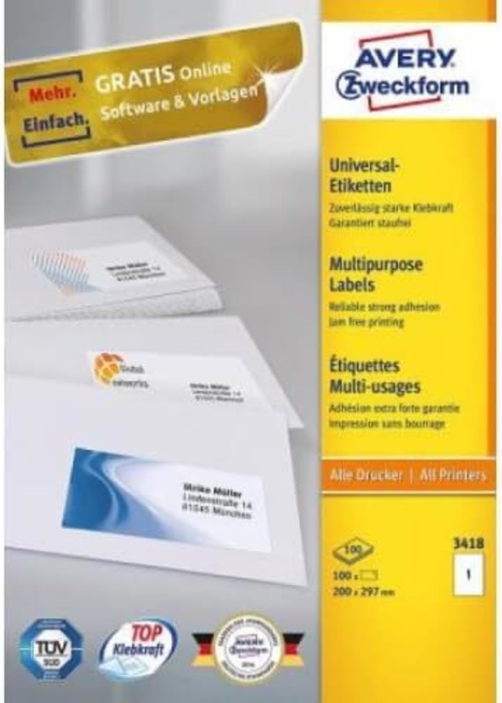 Avery Zweckform 3418 Universal Labels, A4, Matt Paper, 100 Labels, 200 x 297 mm) 100 Sheets, White