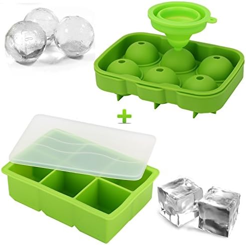 Silicone Ice Cube Trays &amp; Ice Ball Mold Combo (Set of 2) Ice Ball Mold for Whiskey Bourbon Ice Cube Trays with Lids Reusable &amp; BPA Free (Green)