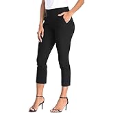 HAPPIERE Pull On Capri Pants for Women Elastic Waist Work Casual Dress Cropped Pants with Pockets & Cuff