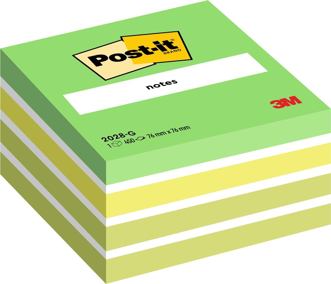 Post-it Notes Cube, Green, 1 Pad, 76 mm x 76 mm, 450 Sheets, 100% PEFC - Extra Sticky Notes for Walls, Monitors and Fridge
