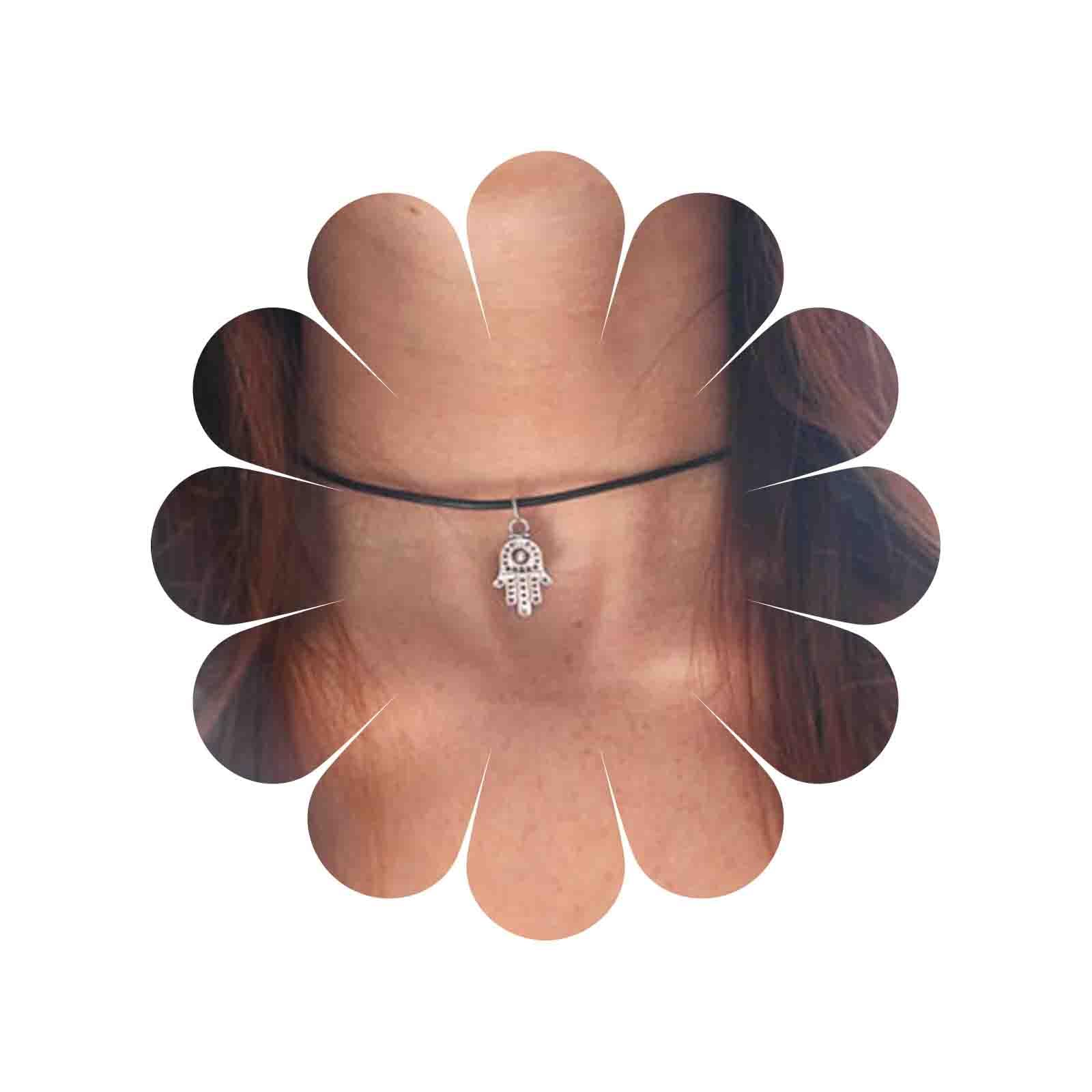 Yienate Fashion Black Leather Choker Necklace Chain Dainty Fatima Evil Eye Pendant Punk Charm Necklace Jewelry for Women and Girls